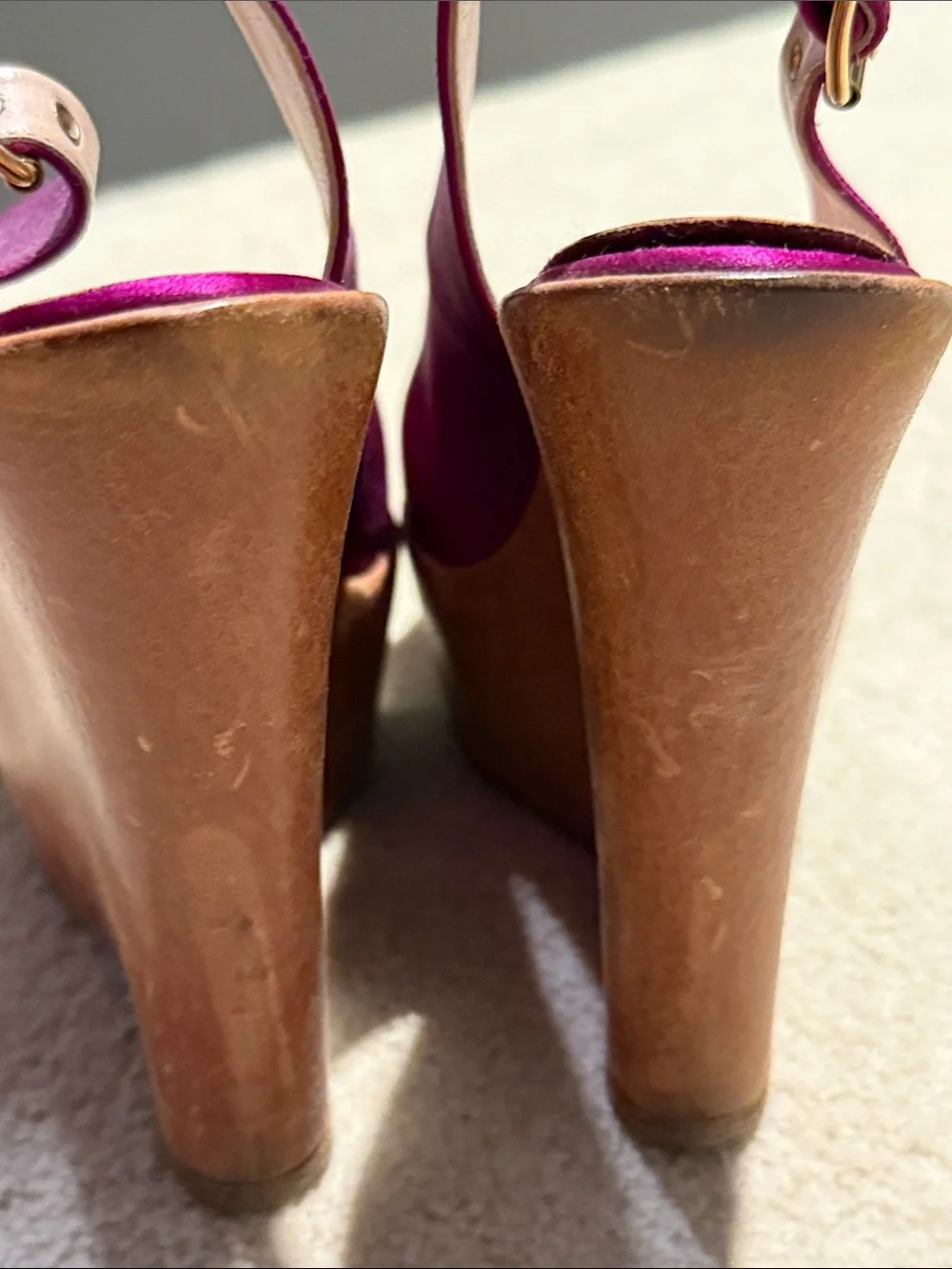 Baldan Bright Pink Satin Wedge Slingback Sandals